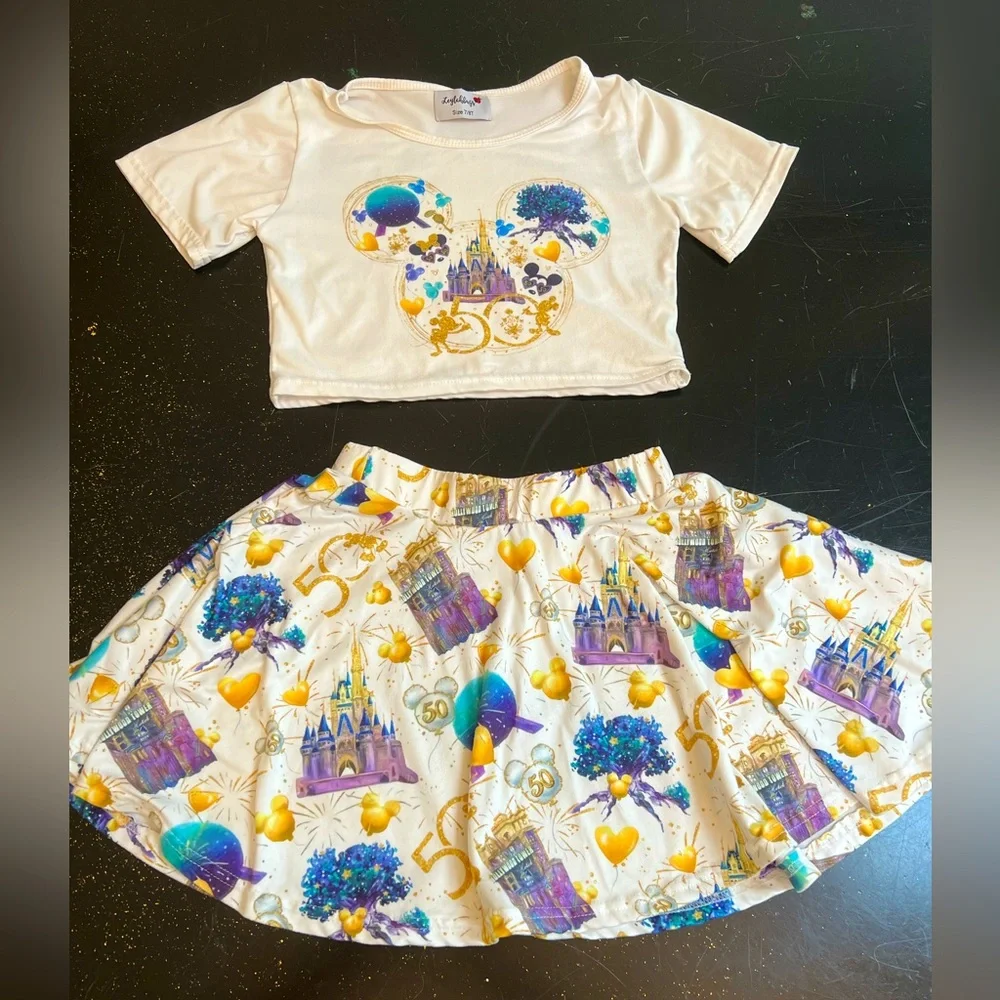 Disneyworld Anniversary swing skirt & crop top set mickey minnie mouse castle - Picture 1 of 10
